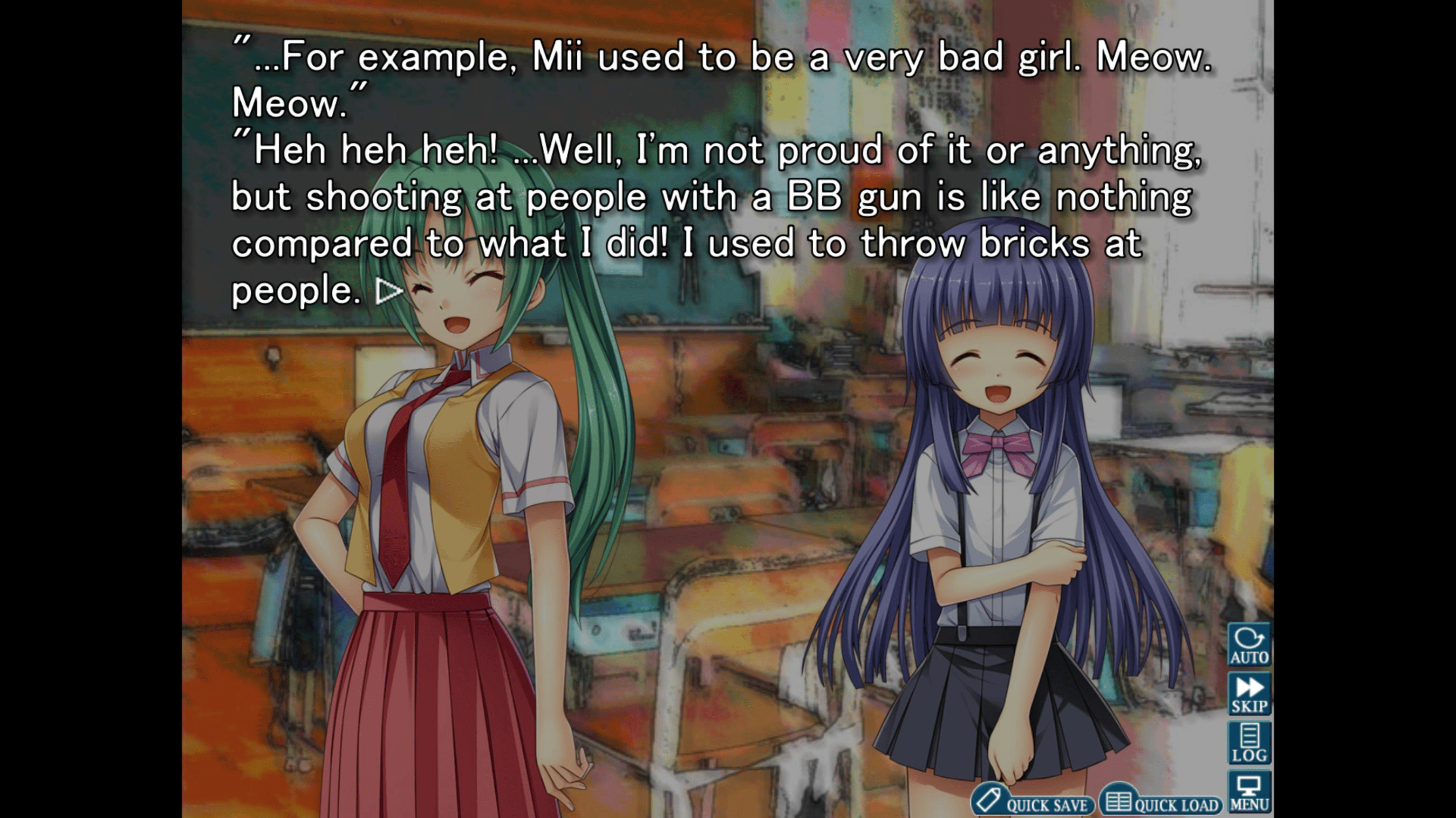 two girls in front of a blurry photograph of a classroom; text in front
reads: '\